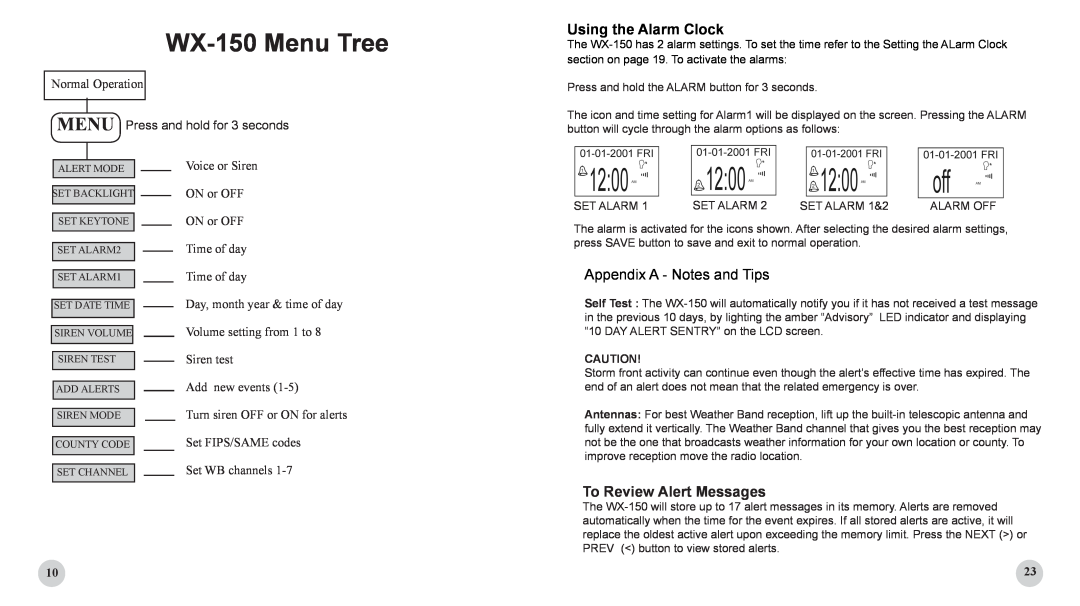 First Alert user manual WX-150Menu Tree, Using the Alarm Clock, To Review Alert Messages, Normal Operation, Time of day 