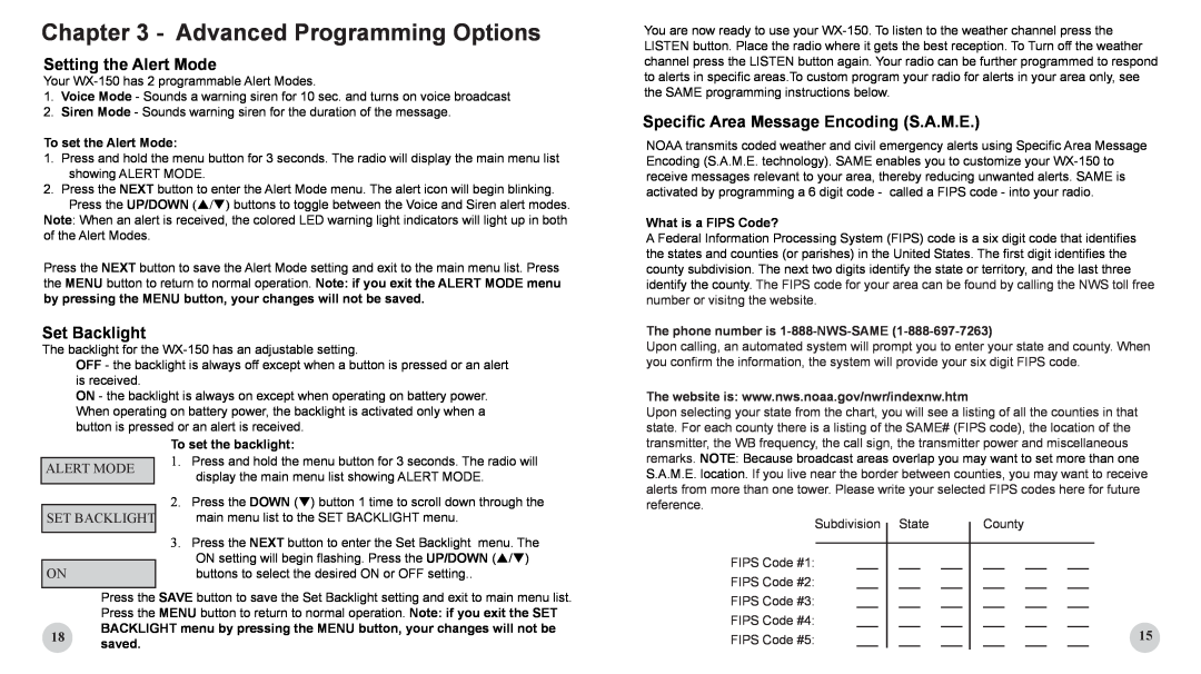 First Alert WX-150 Advanced Programming Options, Setting the Alert Mode, Alert Mode Set Backlight On, Subdivision 