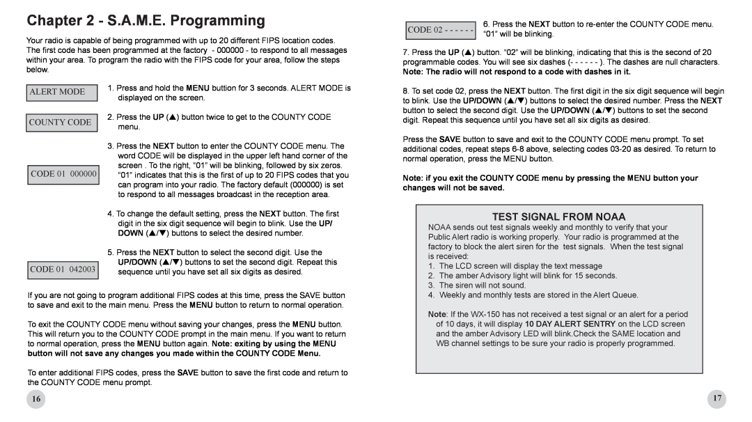 First Alert WX-150 user manual S.A.M.E. Programming, Test Signal From Noaa, ALERT MODE COUNTY CODE CODE 01 CODE 