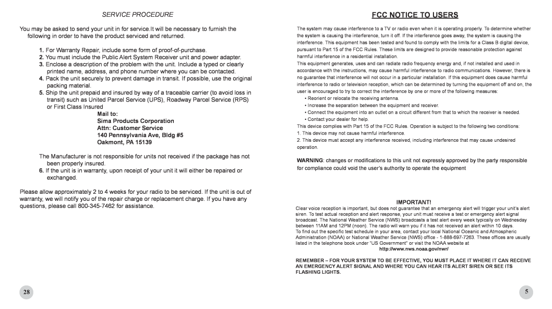 First Alert WX-150 user manual FCC Notice to Users, Service Procedure 