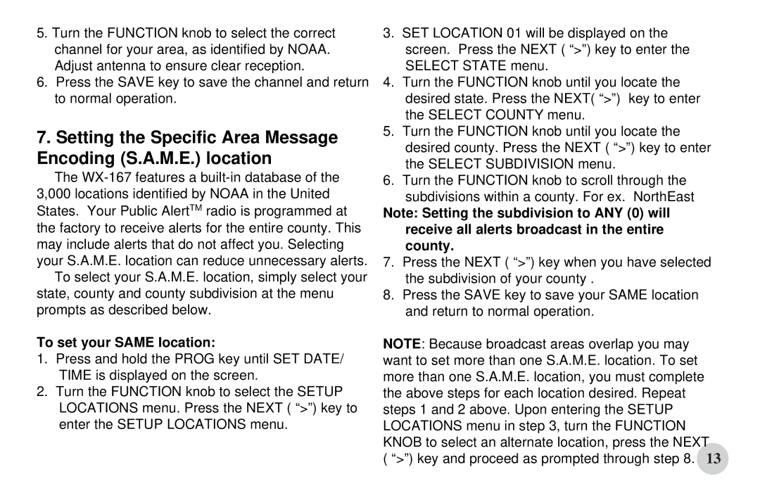 First Alert WX-167 manual Setting the Specific Area Message Encoding S.A.M.E. location 