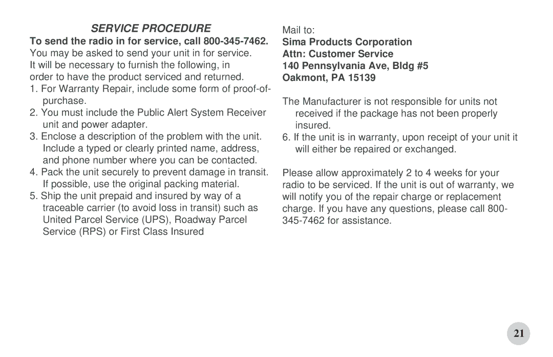 First Alert WX-167 manual Service Procedure 