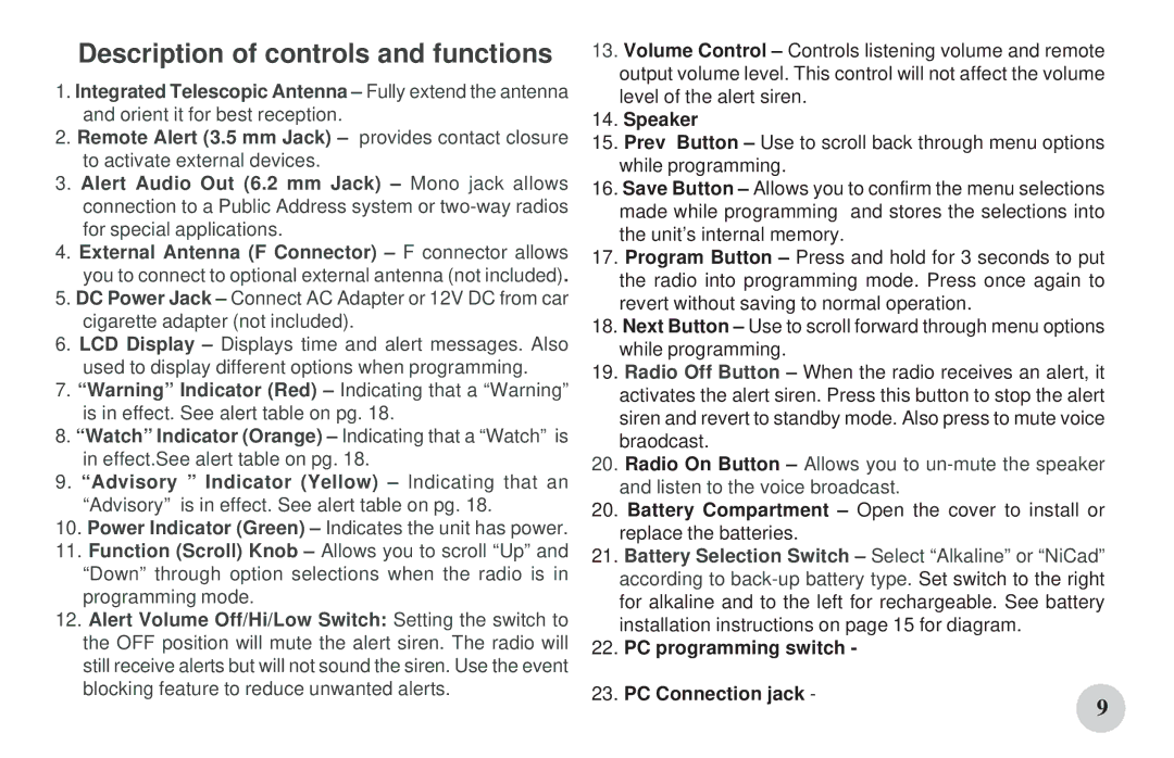 First Alert WX-167 manual Description of controls and functions, Speaker 