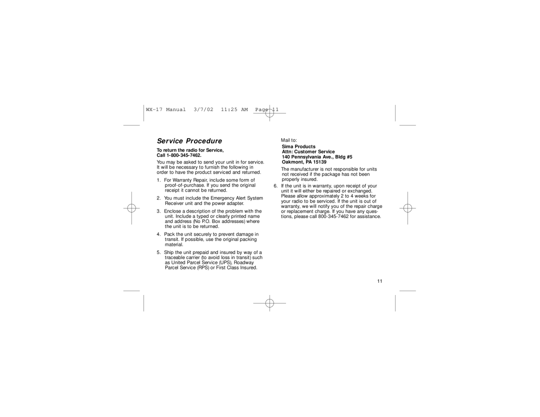 First Alert WX-17 user manual Service Procedure, To return the radio for Service Call 