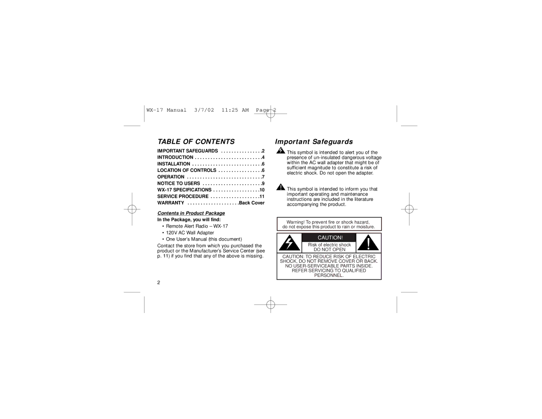 First Alert WX-17 user manual Table of Contents 