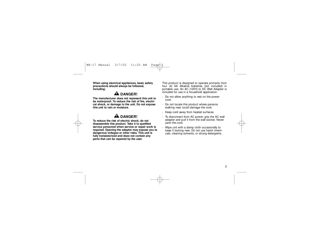 First Alert user manual Danger, WX-17Manual 3/7/02 11 25 AM Page 