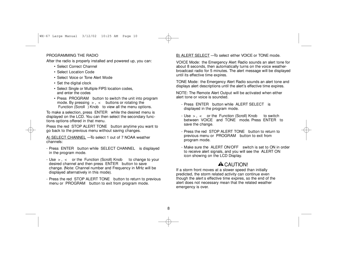 First Alert WX-67 user manual Programming the Radio 