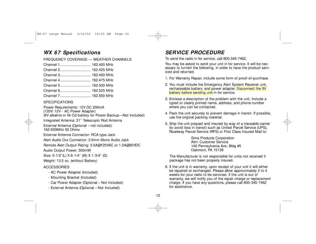 First Alert WX-67 user manual WX 67 Specifications, Frequency Coverage Weather Channels, Accessories 