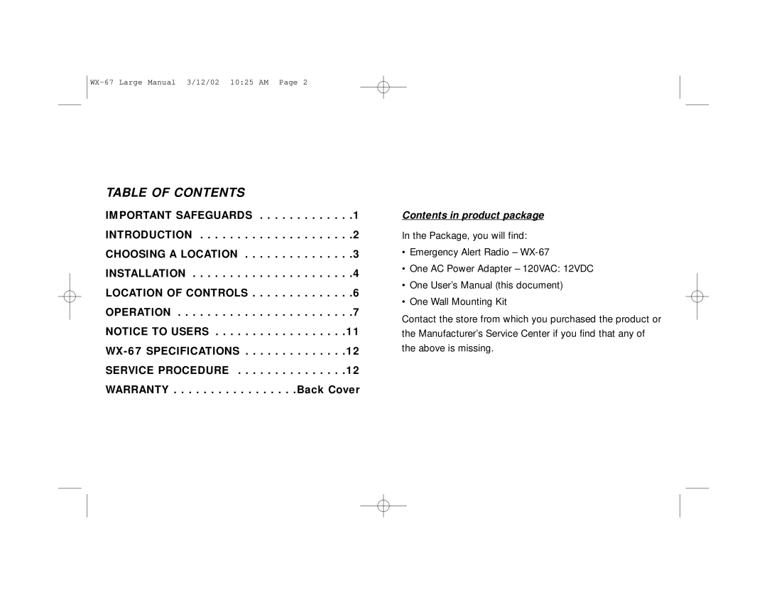 First Alert WX-67 user manual Table of Contents 