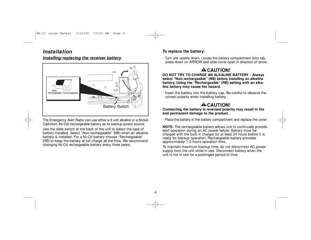 First Alert WX-67 user manual Installation, Installing/replacing the receiver battery 