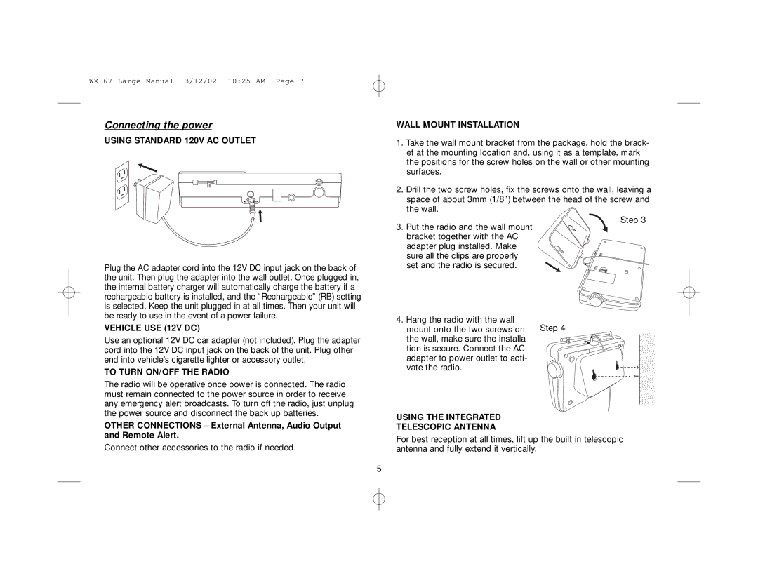 First Alert WX-67 Connecting the power, Using Standard 120V AC Outlet Wall Mount Installation, Vehicle USE 12V DC 