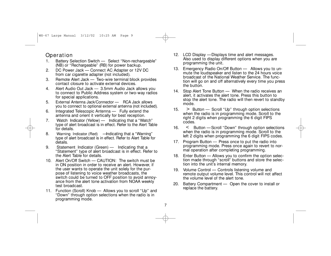 First Alert WX-67 user manual Operation 