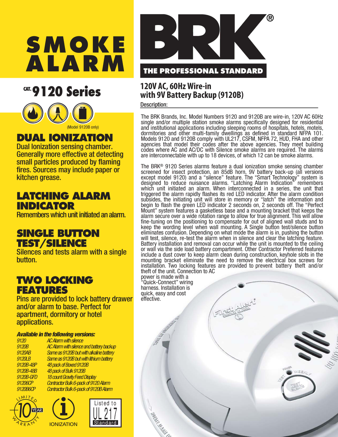 First Alert 9120/9120B/9120AB/9120LB/9120B-48P/9120B-48B/9120B-GFD/91206CP/9120B6CP manual Dual Ionization 