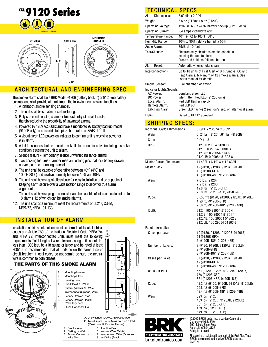 First Alert 9120/9120B/9120AB/9120LB/9120B-48P/9120B-48B/9120B-GFD/91206CP/9120B6CP Architectural and Engineering Spec 