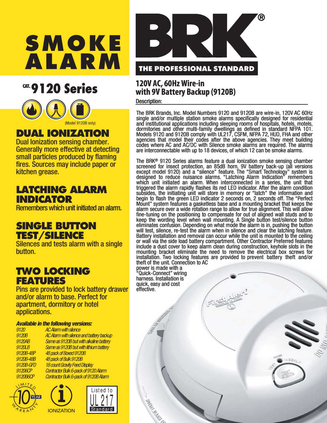First Alert 9120/9120B/9120AB/9120LB/9120B-48P/9120B-48B/9120B-GFD/91206CP/9120B6CP manual Smoke Alarm, CAT. 9120 Series 