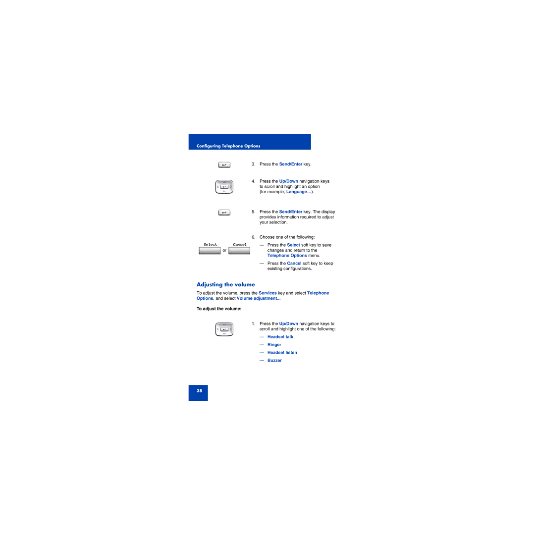 First Virtual Communications 1150E Adjusting the volume, Telephone Options menu, Options, and select Volume adjustment 