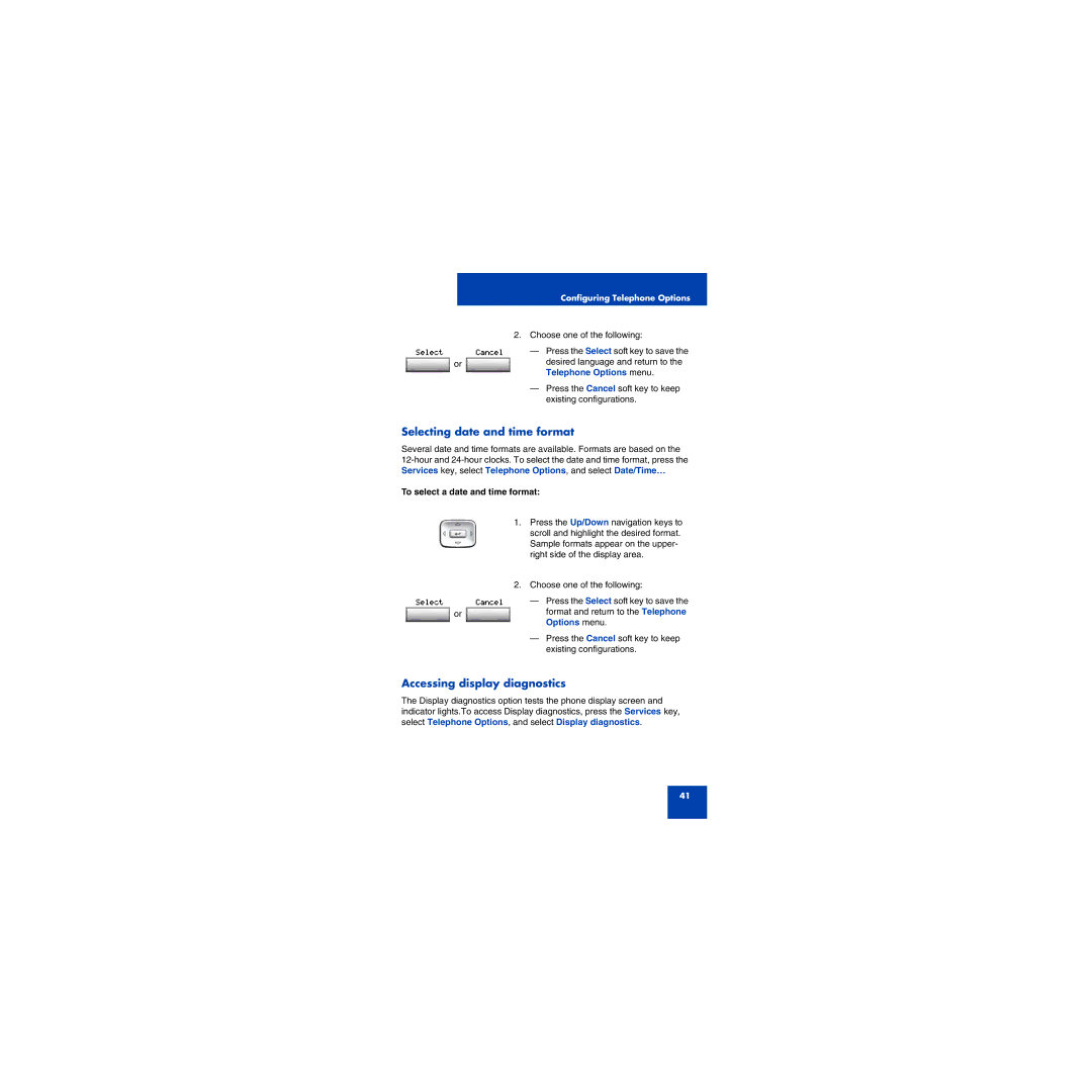 First Virtual Communications 1150E manual Selecting date and time format, Accessing display diagnostics, Options menu 