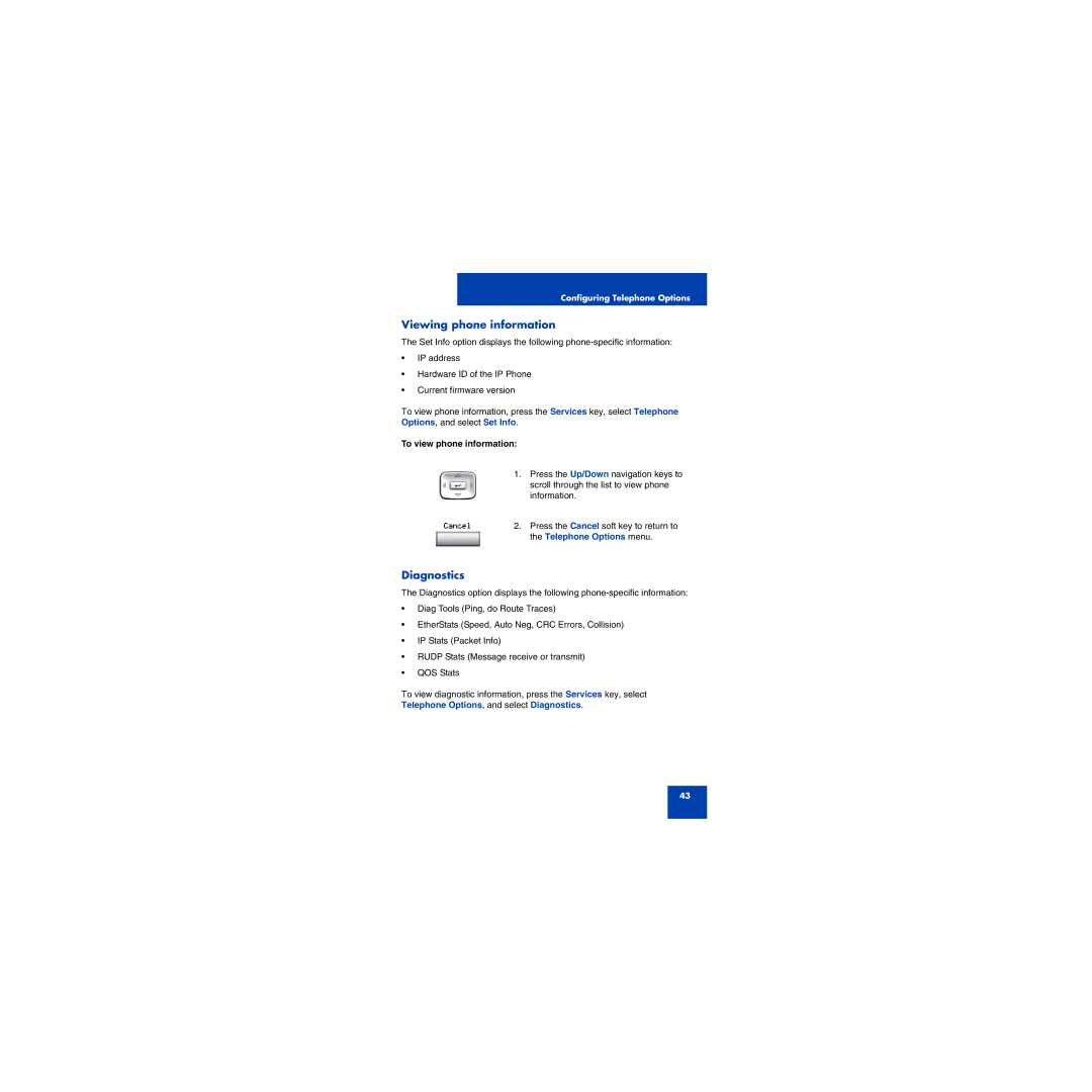 First Virtual Communications 1150E manual Viewing phone information, Diagnostics, To view phone information 