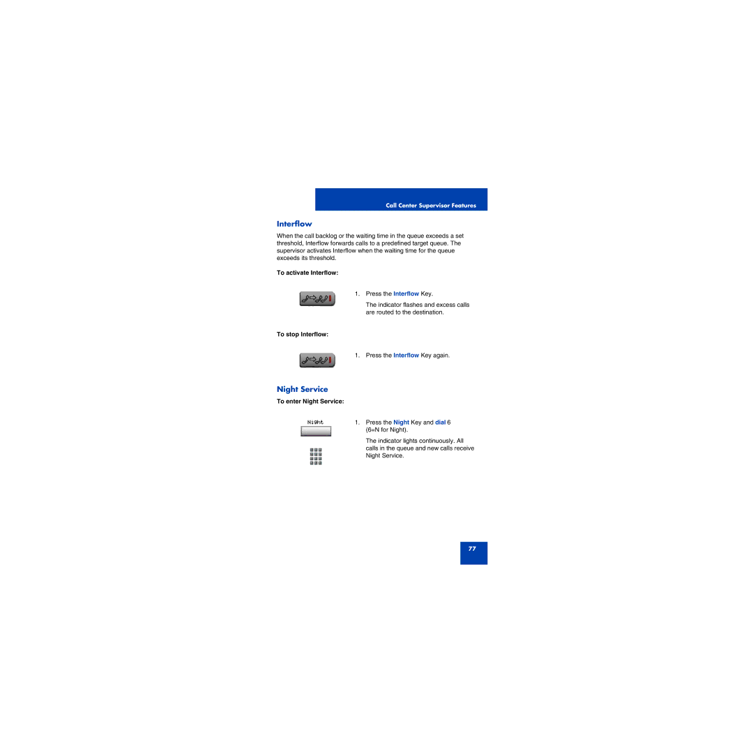 First Virtual Communications 1150E manual To activate Interflow, To stop Interflow, To enter Night Service 