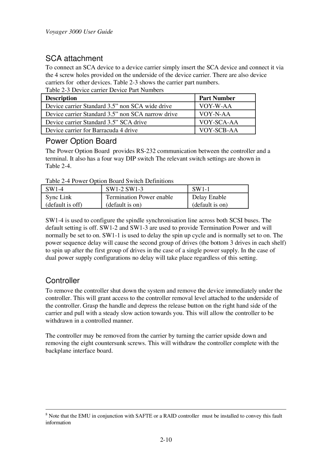 First Virtual Communications 3000 user manual SCA attachment, Power Option Board, Controller, Description Part Number 