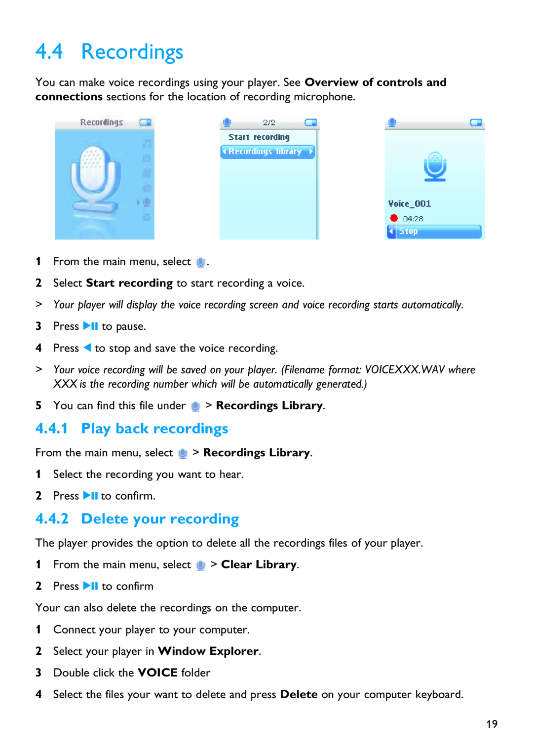 First Virtual Communications SA3125, SA3114, SA3115, SA3124, SA3104 Recordings, Play back recordings, Delete your recording 