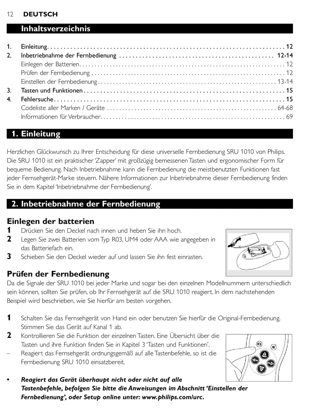 First Virtual Communications SRU 1010 manual Inhaltsverzeichnis, Einleitung, Inbetriebnahme der Fernbedienung 