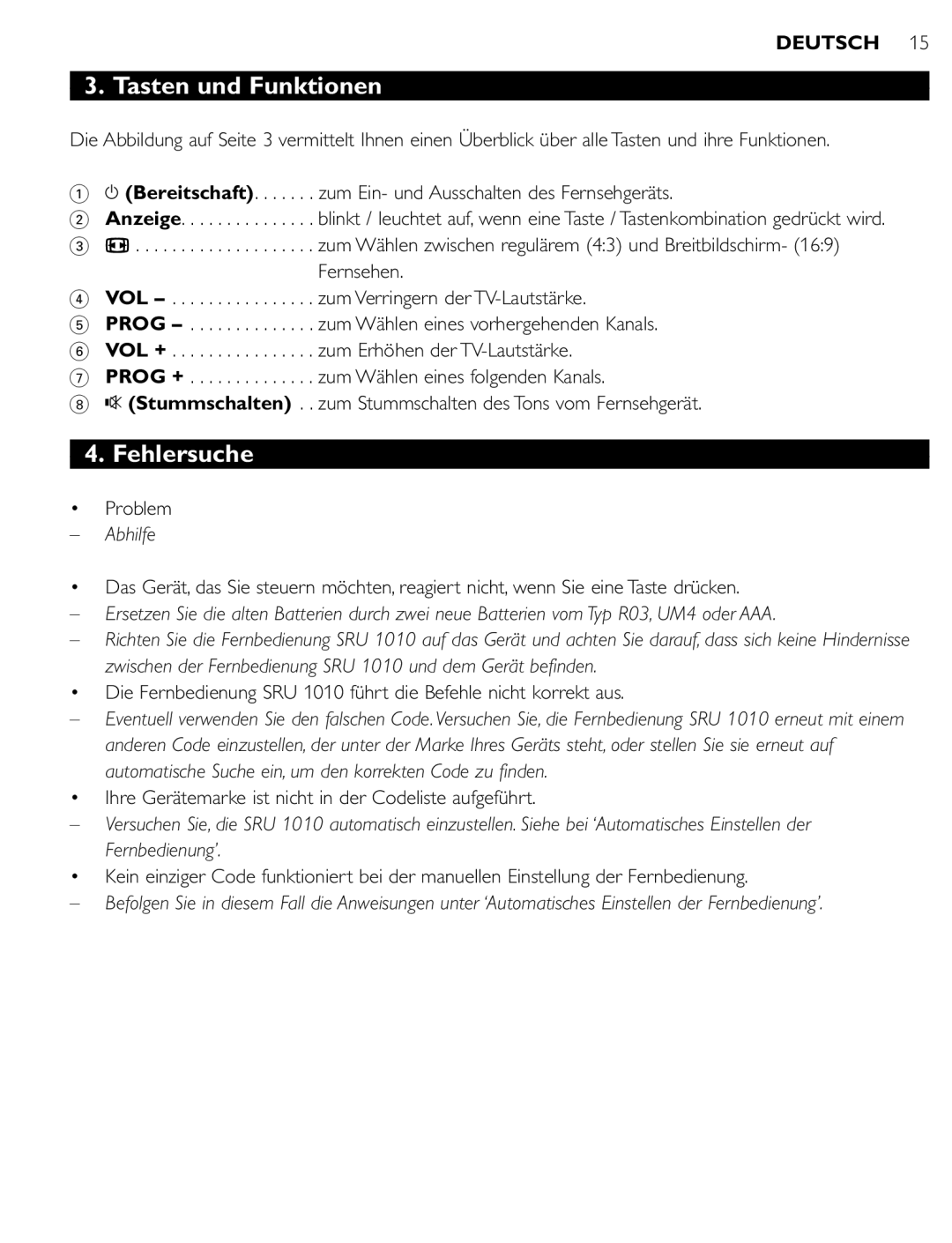 First Virtual Communications SRU 1010 manual Tasten und Funktionen, Fehlersuche, Abhilfe 