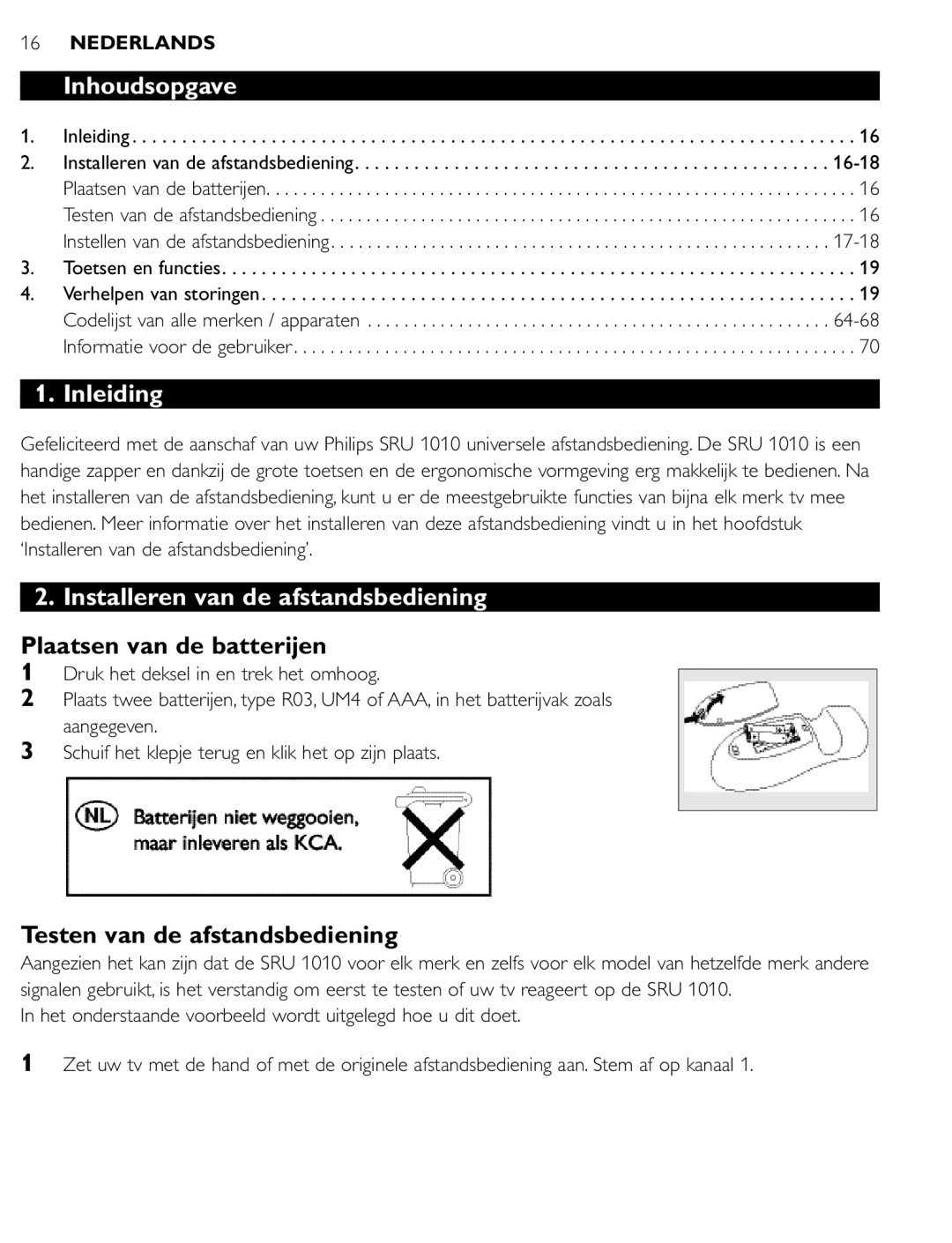 First Virtual Communications SRU 1010 manual Inhoudsopgave, Inleiding, Installeren van de afstandsbediening 