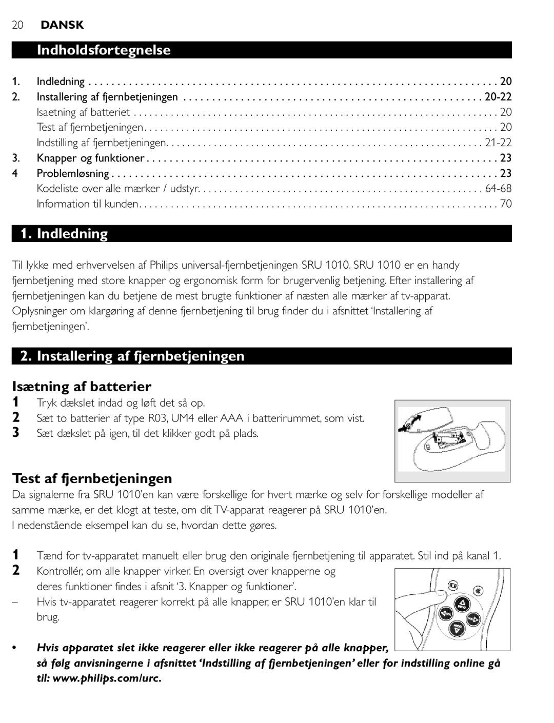 First Virtual Communications SRU 1010 manual Indholdsfortegnelse, Indledning, Installering af fjernbetjeningen 