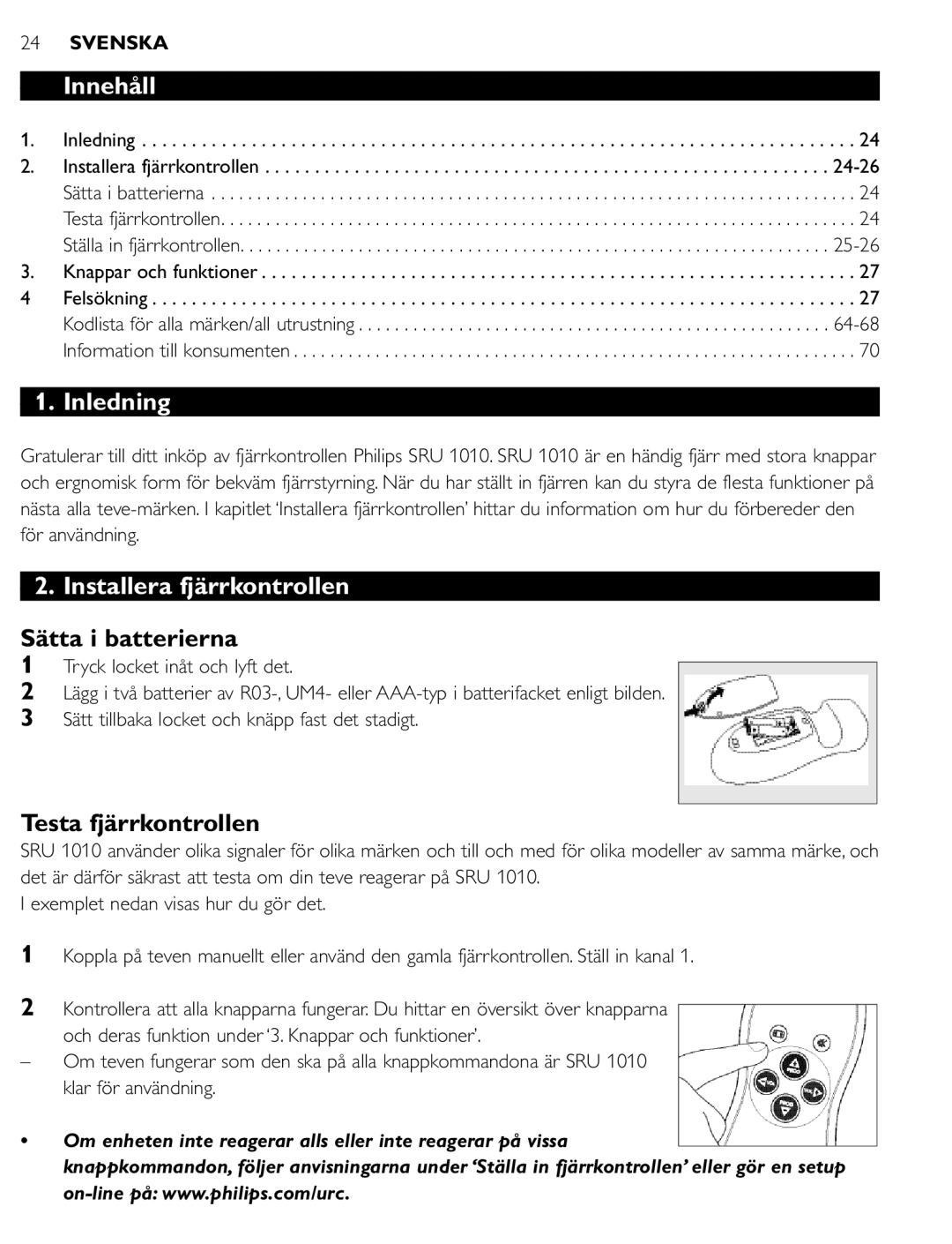 First Virtual Communications SRU 1010 manual Innehåll, Inledning, Installera fjärrkontrollen, Sätta i batterierna 