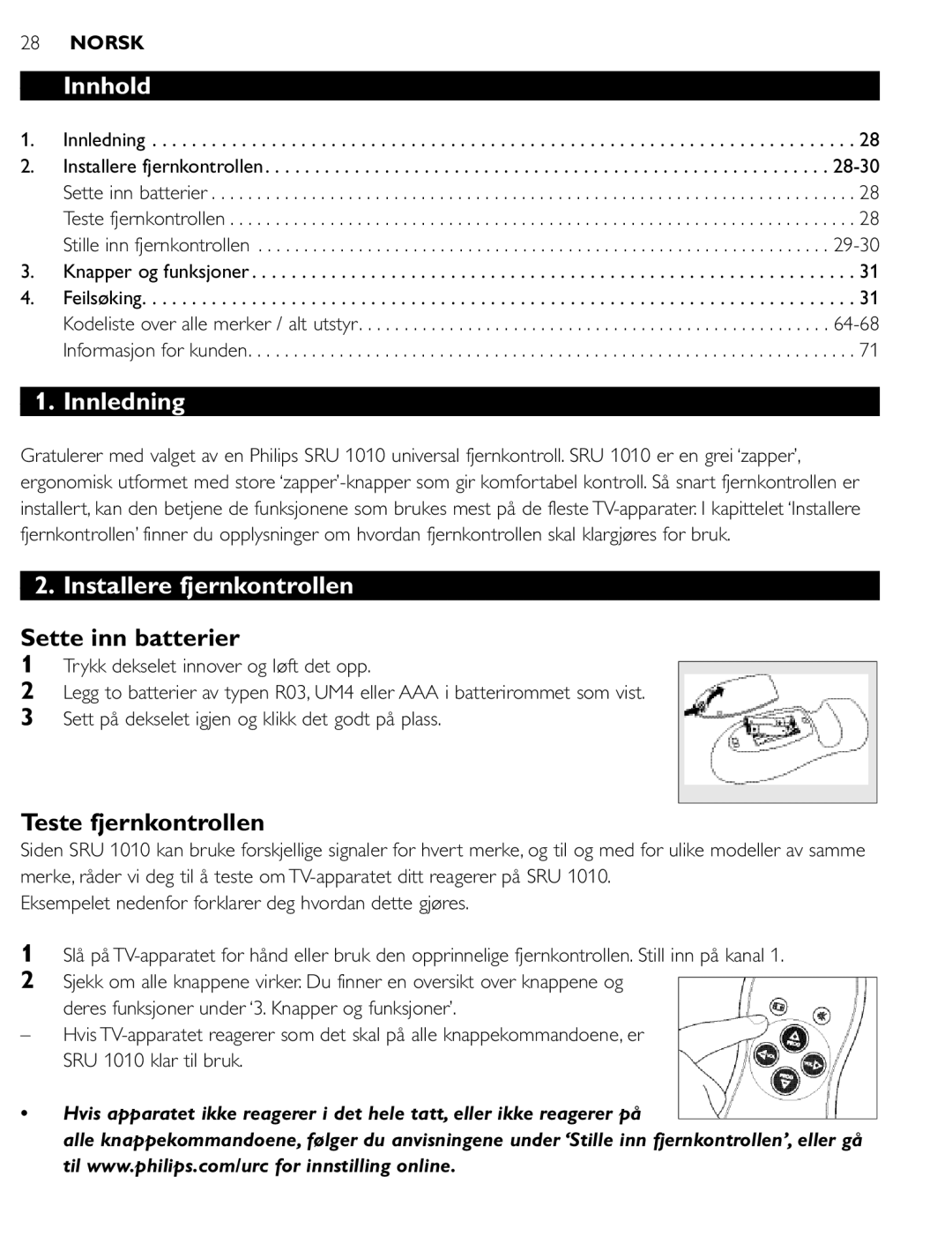 First Virtual Communications SRU 1010 manual Innhold, Innledning, Installere fjernkontrollen, Sette inn batterier 