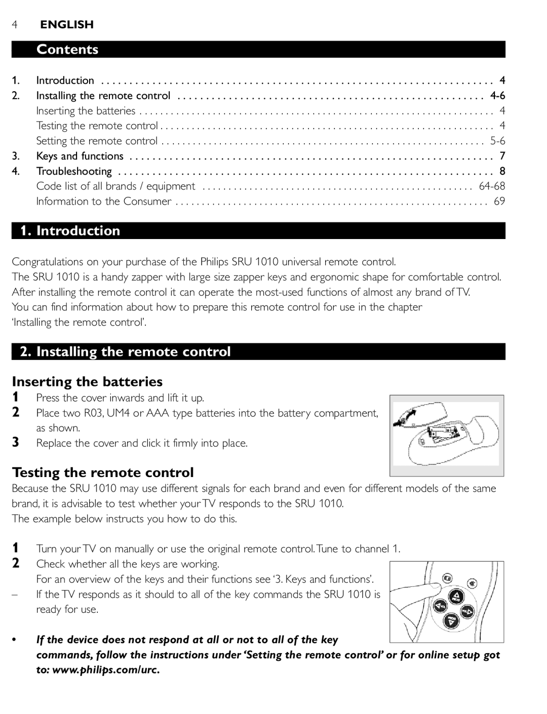 First Virtual Communications SRU 1010 manual Contents, Introduction, Installing the remote control 