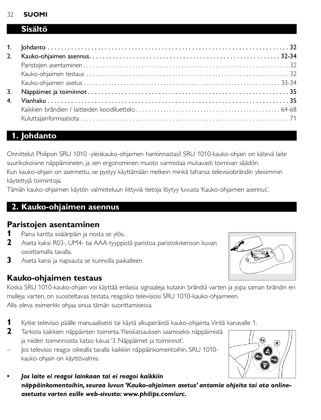 First Virtual Communications SRU 1010 manual Sisältö, Johdanto, Kauko-ohjaimen asennus, Paristojen asentaminen 