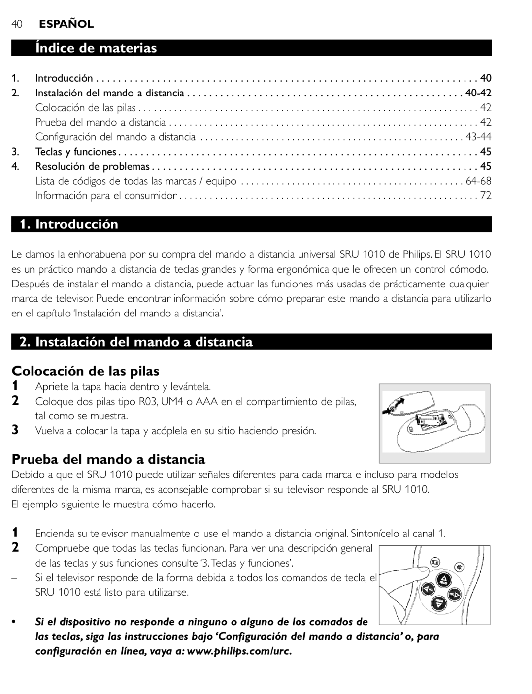 First Virtual Communications SRU 1010 manual Índice de materias, Introducción, Instalación del mando a distancia 