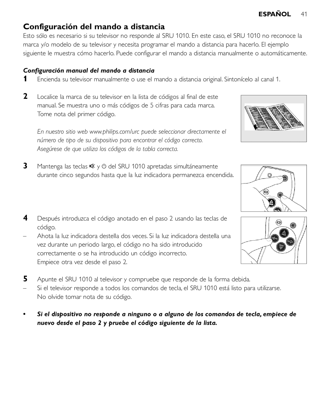 First Virtual Communications SRU 1010 Configuración del mando a distancia, Configuración manual del mando a distancia 