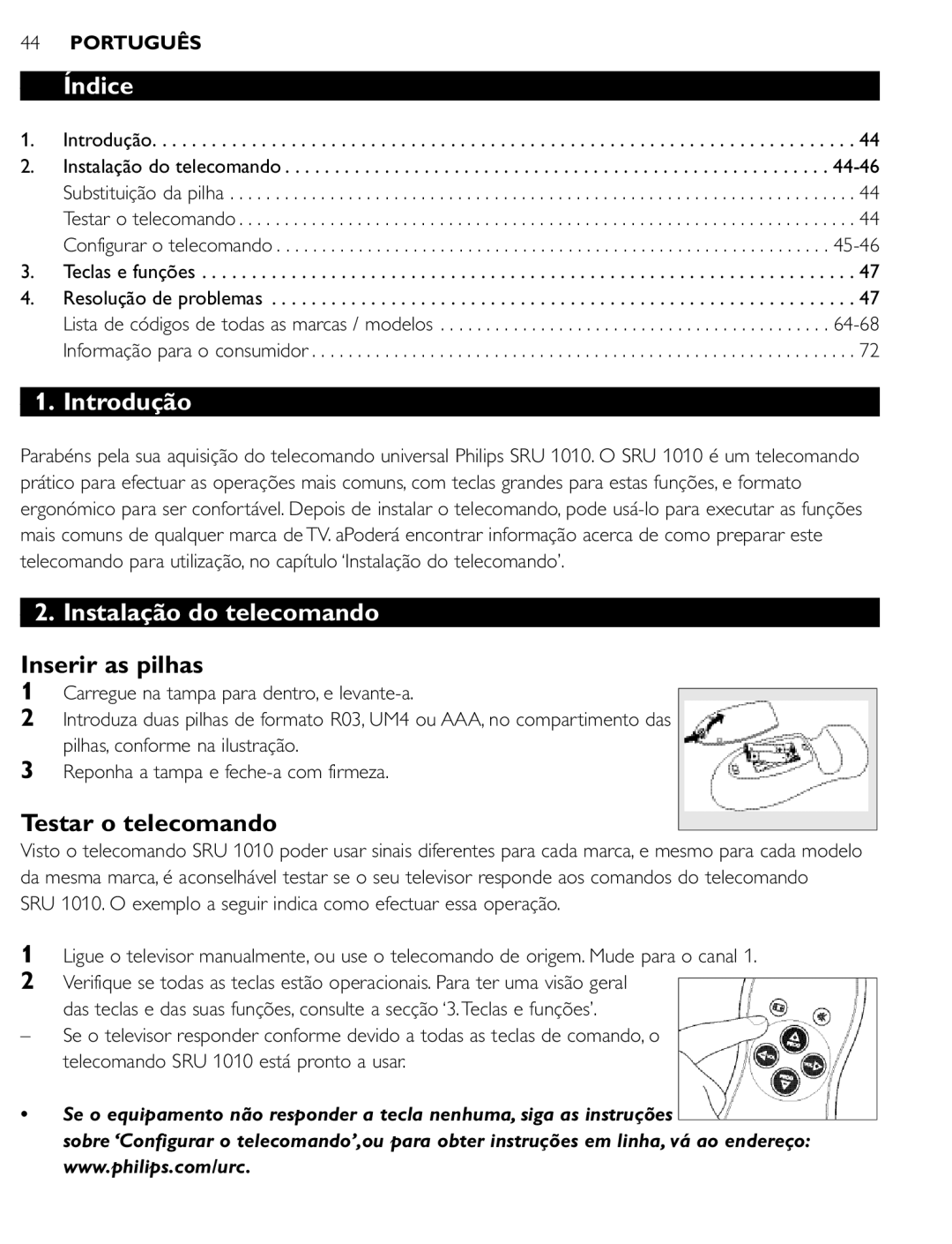 First Virtual Communications SRU 1010 manual Índice, Introdução, Instalação do telecomando, Inserir as pilhas 