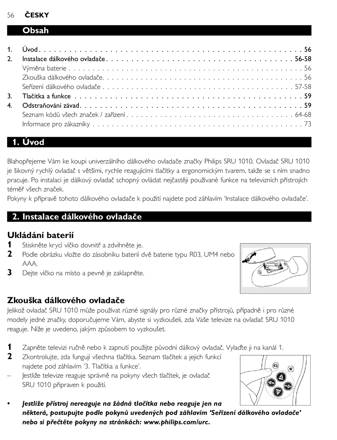 First Virtual Communications SRU 1010 manual Obsah, Úvod, Instalace dálkového ovladače, Ukládání baterií 