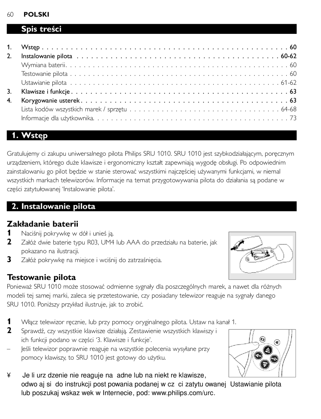 First Virtual Communications SRU 1010 manual Spis treści, Wstęp, Instalowanie pilota, Zakładanie baterii, Testowanie pilota 