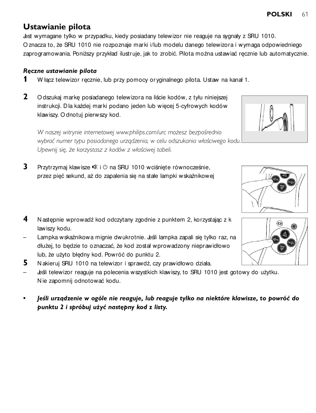 First Virtual Communications SRU 1010 manual Ustawianie pilota, Ręczne ustawianie pilota 