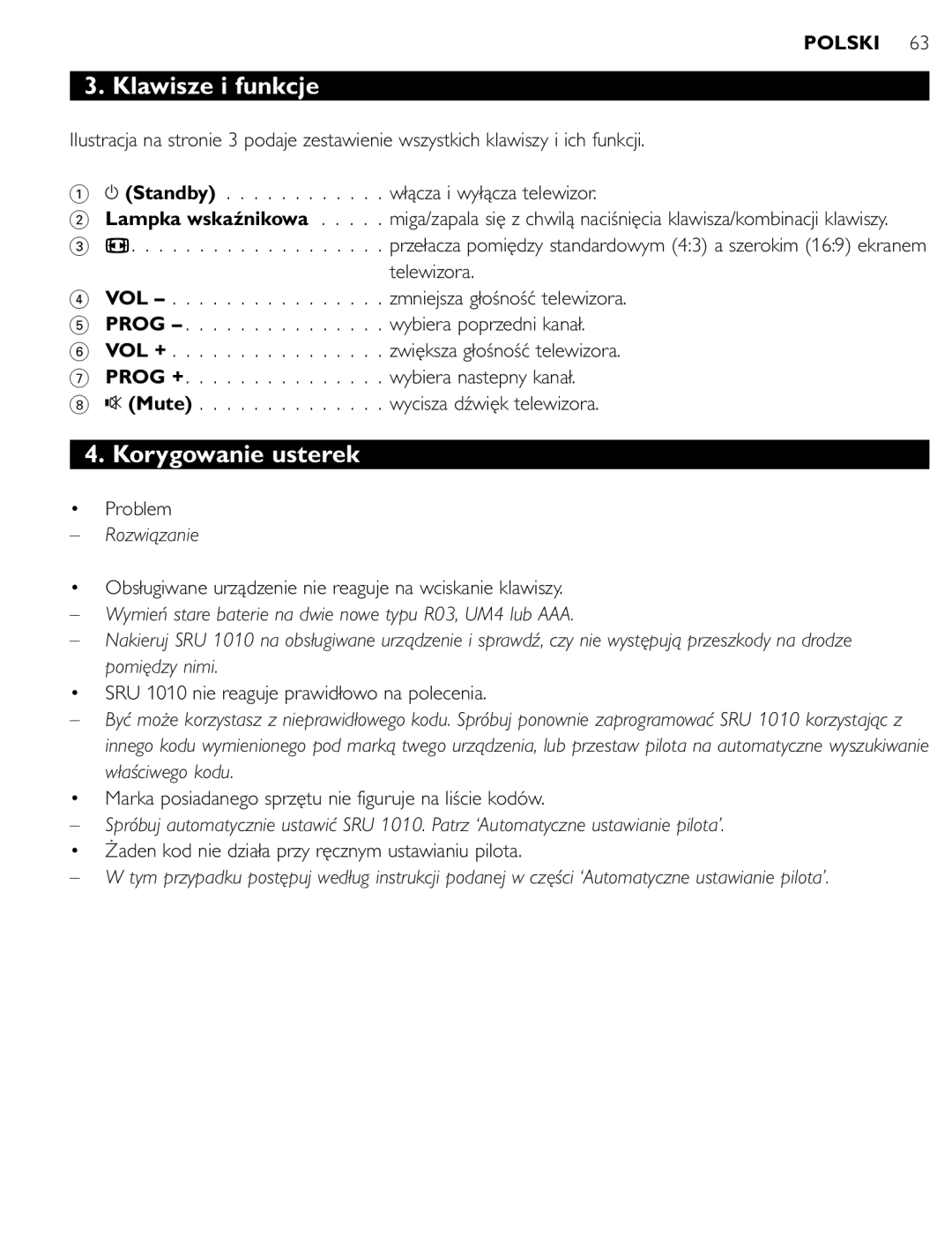 First Virtual Communications SRU 1010 manual Klawisze i funkcje, Korygowanie usterek, Rozwiązanie 