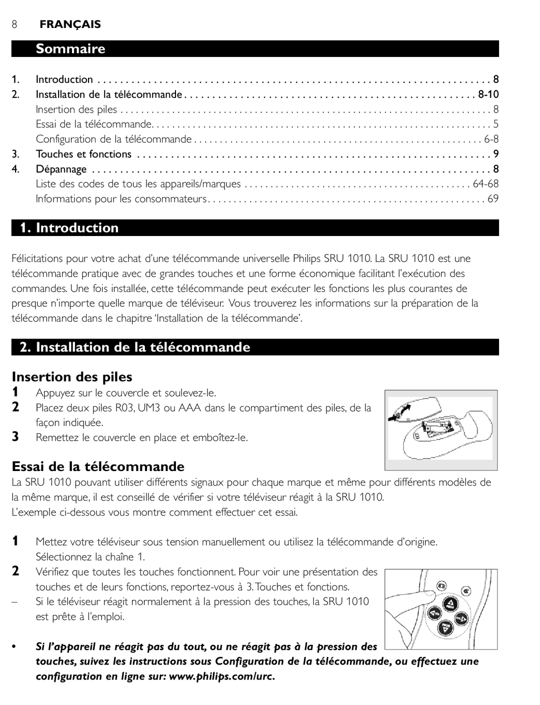 First Virtual Communications SRU 1010 manual Sommaire, Installation de la télécommande, Insertion des piles 