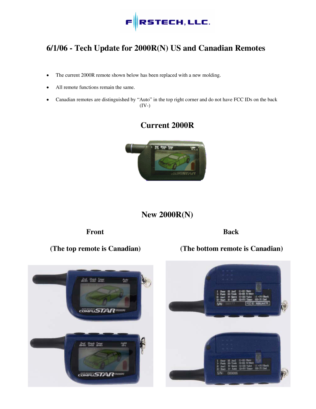 Firstech, LLC 2000R(N) manual Tech Update for 2000RN US and Canadian Remotes, Current 2000R New 2000RN 