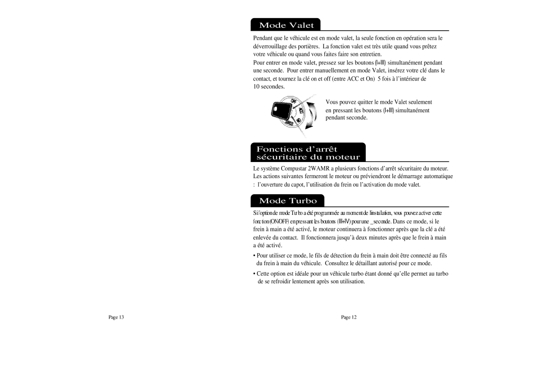 Firstech, LLC 2WAMR manual Mode Valet, Fonctions d’arrêt sécuritaire du moteur, Mode Turbo 