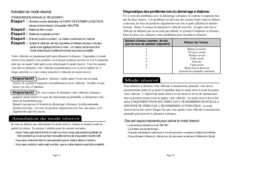 Firstech, LLC 2WAMR manual Annulation du mode réservé, Mode réservé, Des pré-requis importants pour activer le mode réservé 