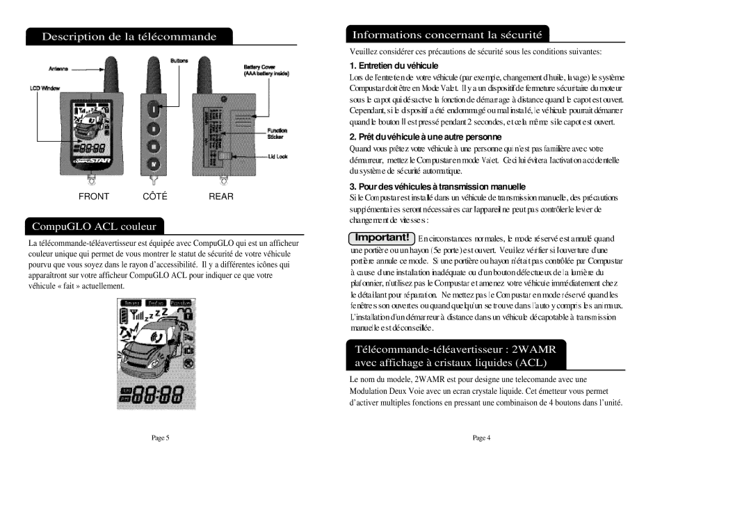 Firstech, LLC 2WAMR manual Description de la télécommande, CompuGLO ACL couleur, Informations concernant la sécurité 