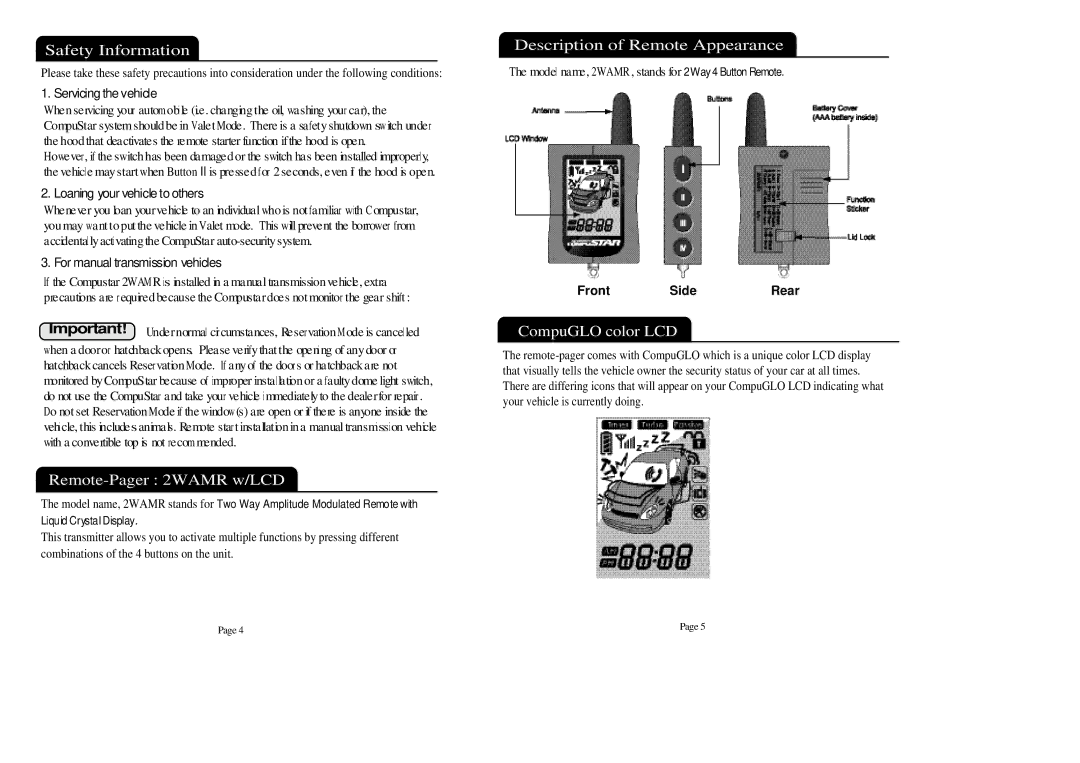 Firstech, LLC manual Safety Information, Remote-Pager 2WAMR w/LCD, Description of Remote Appearance, CompuGLO color LCD 