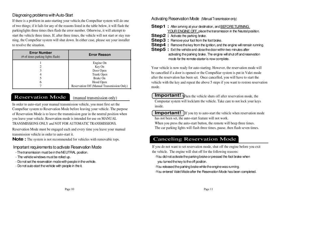 Firstech, LLC 2WAMR manual Canceling Reservation Mode, Diagnosing problems withAuto-Start 