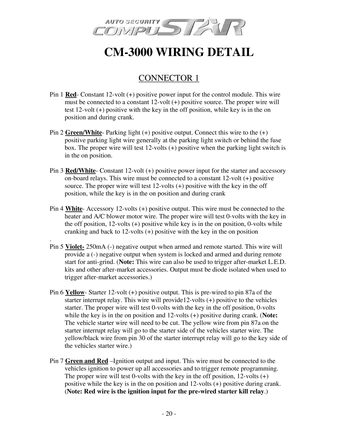 Firstech, LLC CM4200, CM3 SERIES, CM1000A manual CM-3000 Wiring Detail 