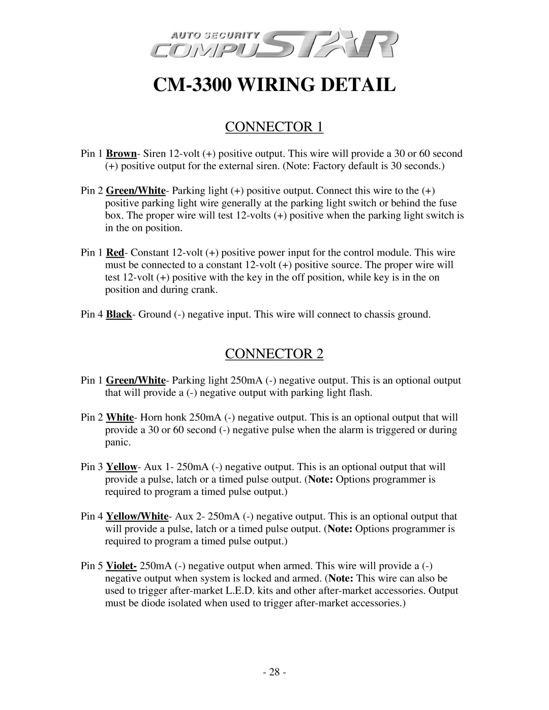 Firstech, LLC CM1000A, CM3 SERIES, CM4200 manual CM-3300 Wiring Detail 