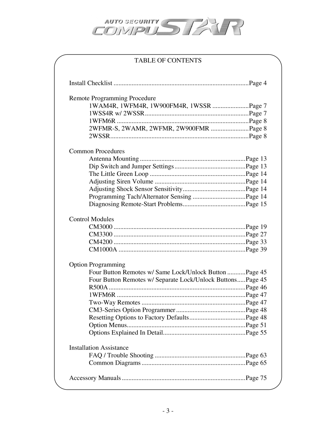 Firstech, LLC CM3 SERIES, CM1000A, CM4200 manual Table of Contents 